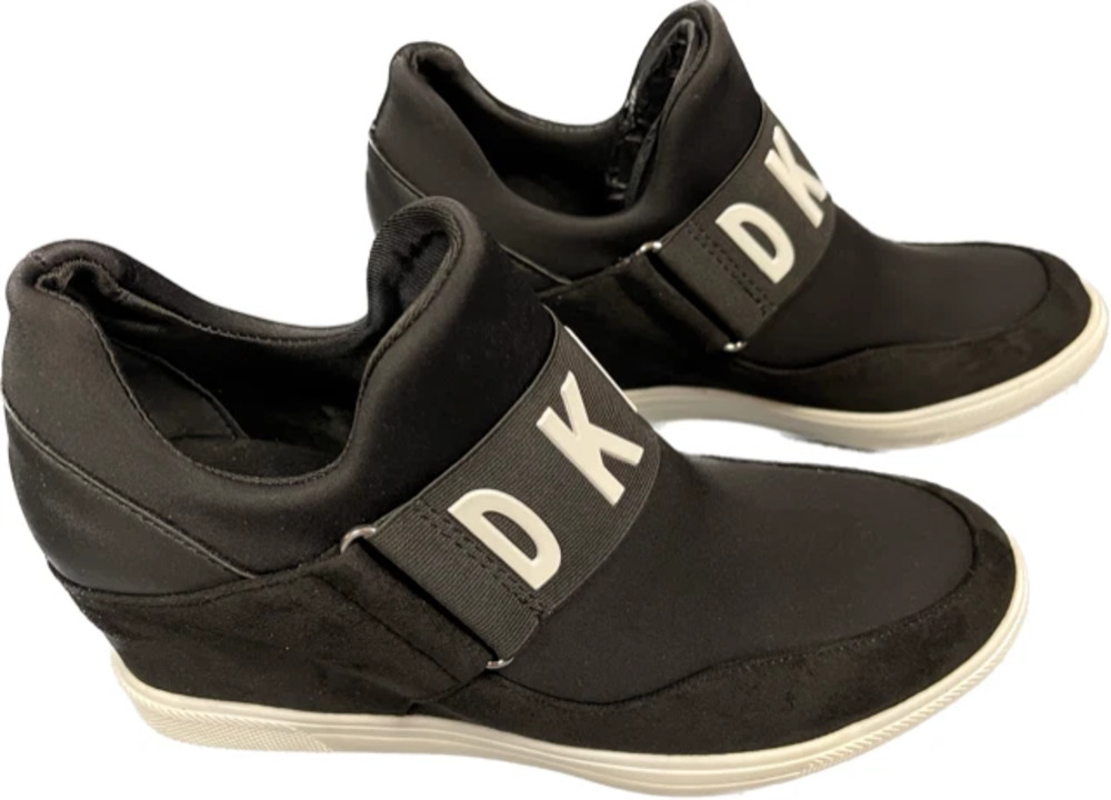 DKNY Womens High Top Sneakers Slip on Hidden Wedges 9 Black Cosmos NIB